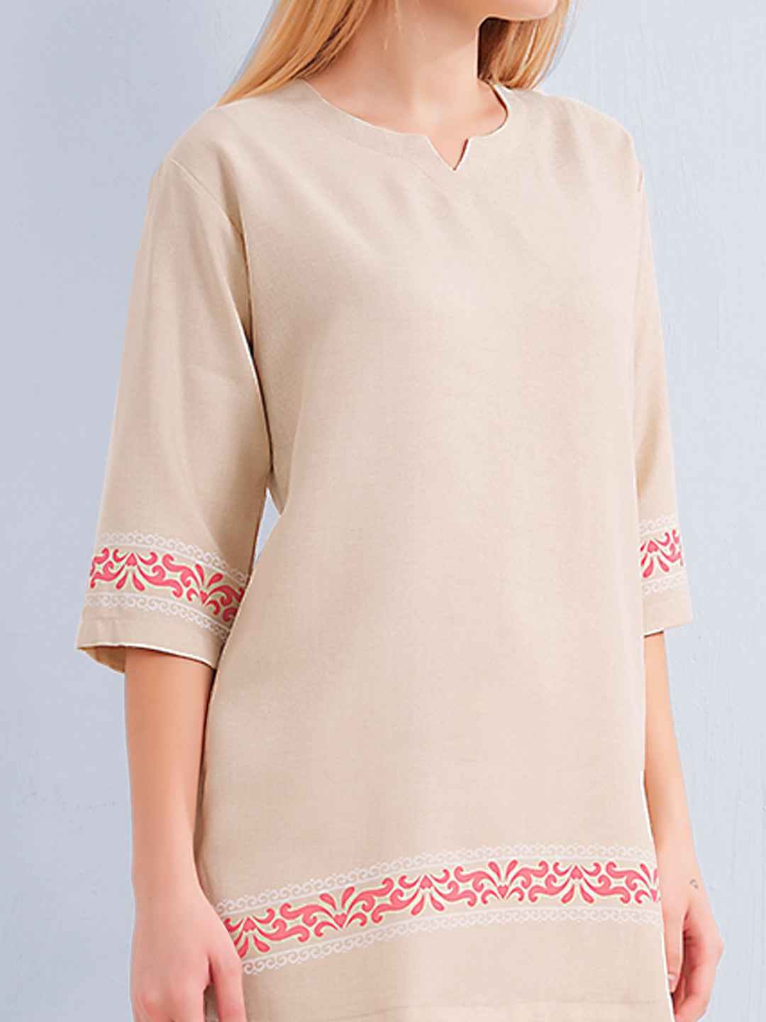Co-ord Set – Beige V-Neck Top with Subtle Embroidered Borders & Matching Pants