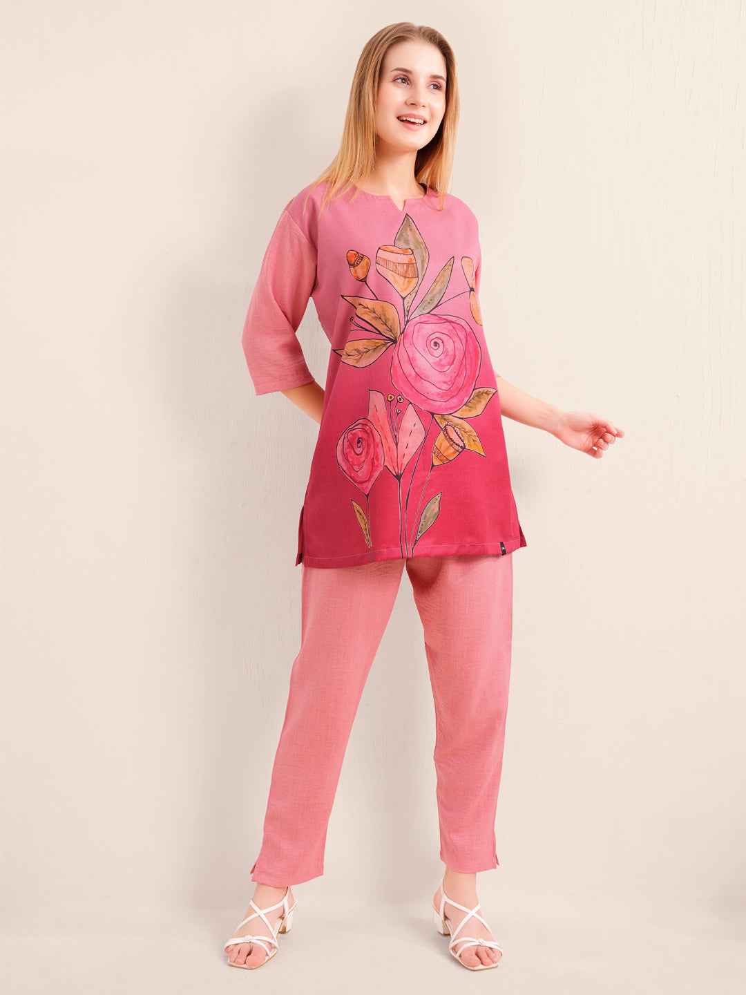 Linen Kurta Set – Pink Straight Kurta with Bold Floral Print & Solid Pants