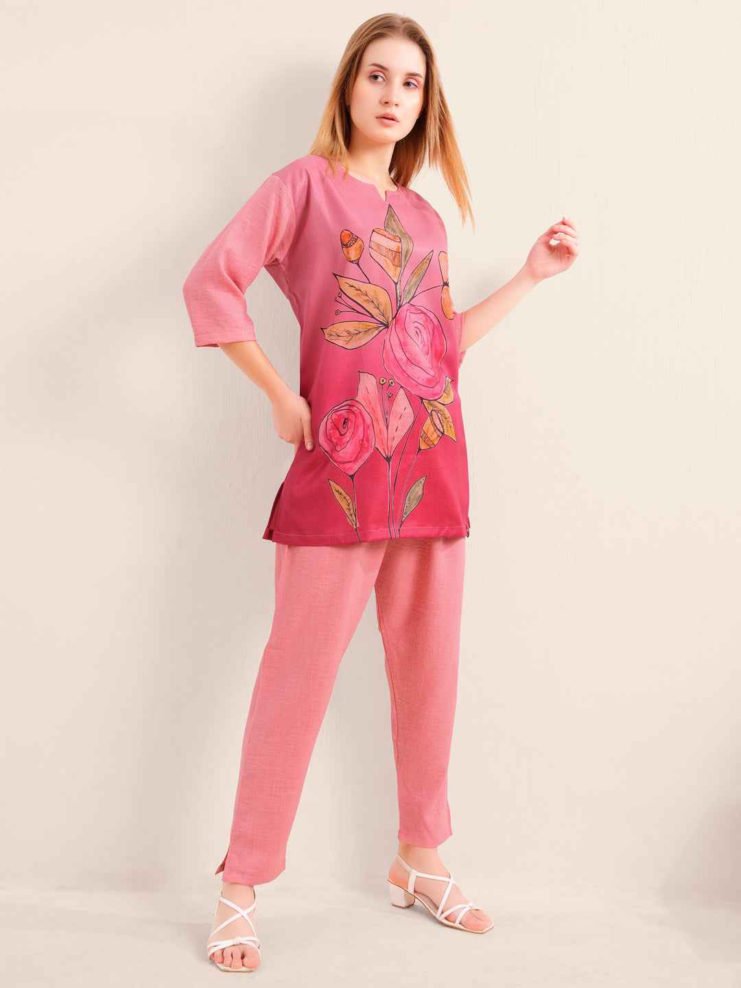 Linen Kurta Set – Pink Straight Kurta with Bold Floral Print & Solid Pants