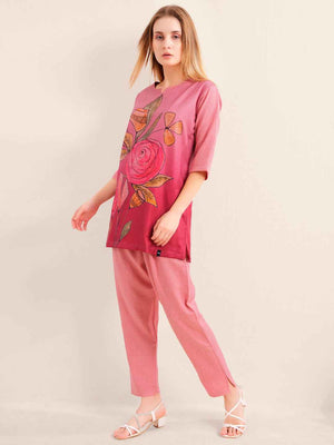 Linen Kurta Set – Pink Straight Kurta with Bold Floral Print & Solid Pants
