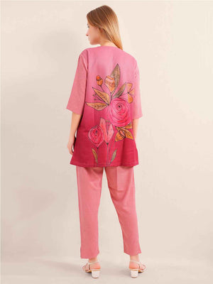 Linen Kurta Set – Pink Straight Kurta with Bold Floral Print & Solid Pants