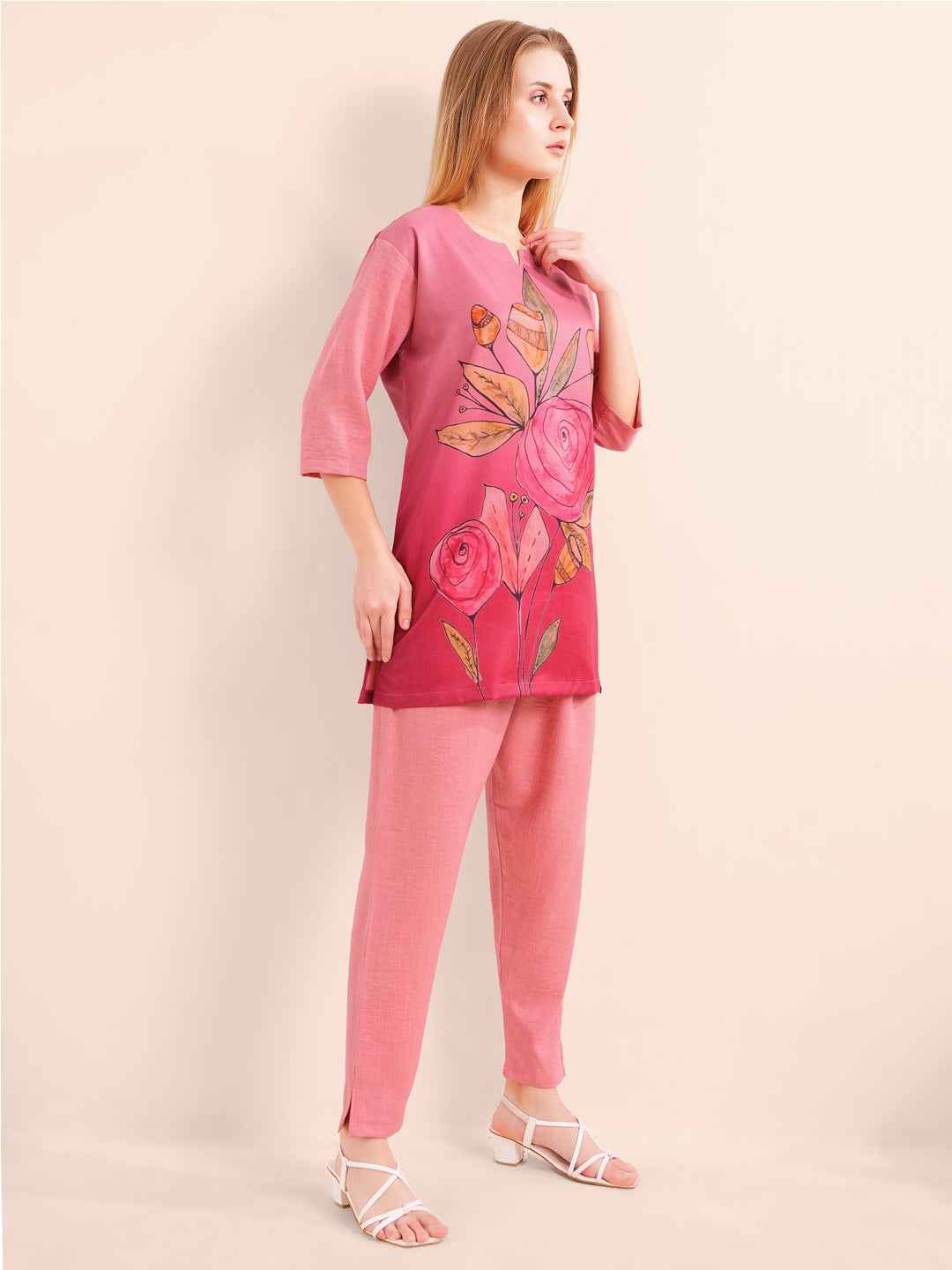 Linen Kurta Set – Pink Straight Kurta with Bold Floral Print & Solid Pants