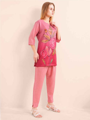 Linen Kurta Set – Pink Straight Kurta with Bold Floral Print & Solid Pants