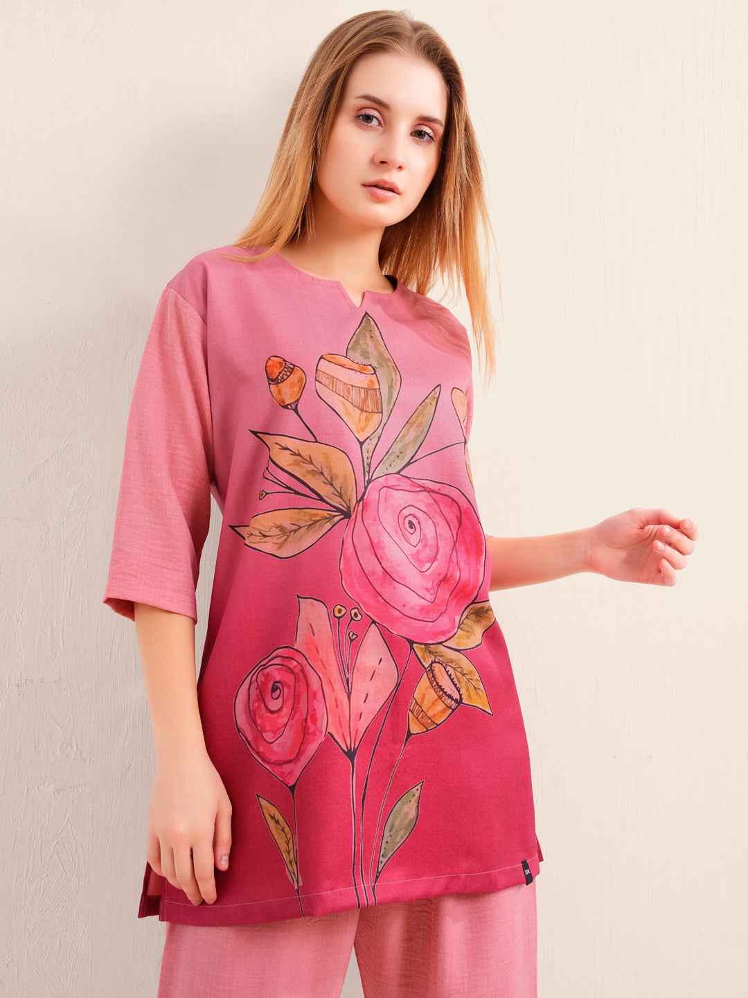 Linen Kurta Set – Pink Straight Kurta with Bold Floral Print & Solid Pants