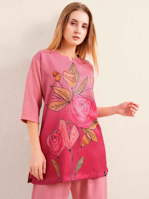 Linen Kurta Set – Pink Straight Kurta with Bold Floral Print & Solid Pants