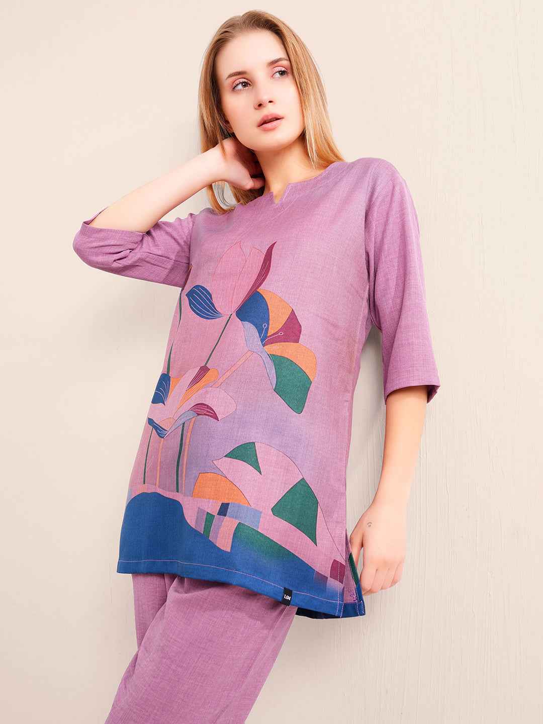 Linen Kurta Set – Purple Straight Kurta with Bold Floral Print & Solid Pants