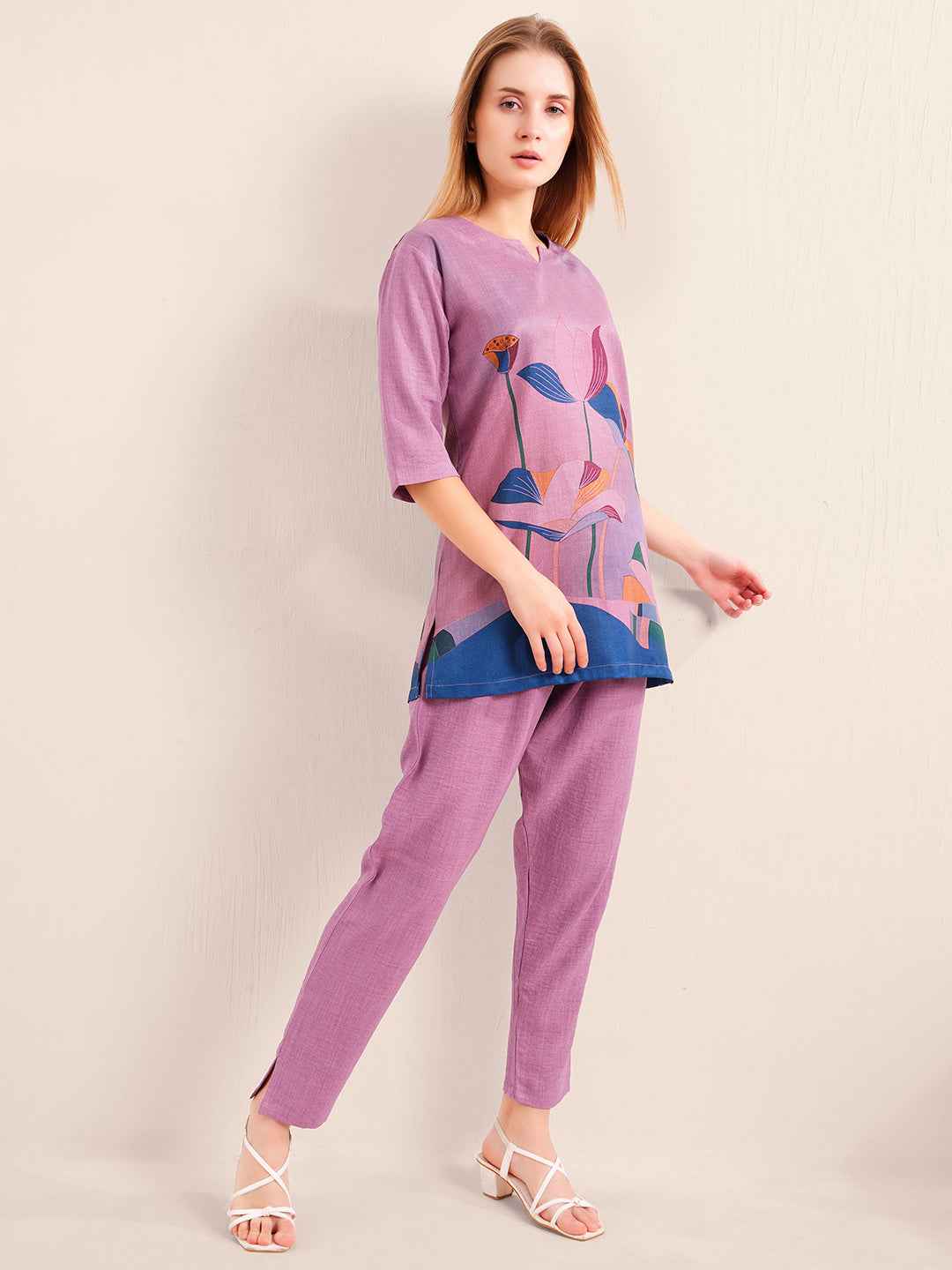 Linen Kurta Set – Purple Straight Kurta with Bold Floral Print & Solid Pants