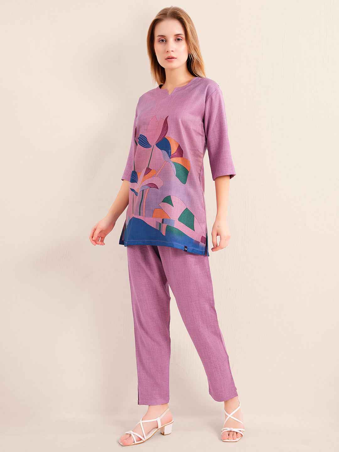 Linen Kurta Set – Purple Straight Kurta with Bold Floral Print & Solid Pants