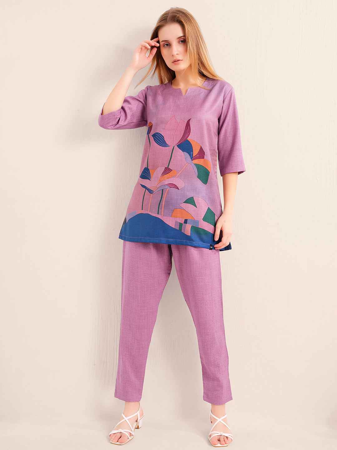 Linen Kurta Set – Purple Straight Kurta with Bold Floral Print & Solid Pants