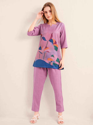 Linen Kurta Set – Purple Straight Kurta with Bold Floral Print & Solid Pants