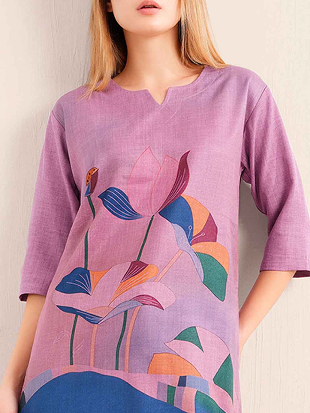 Linen Kurta Set – Purple Straight Kurta with Bold Floral Print & Solid Pants