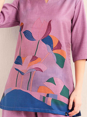 Linen Kurta Set – Purple Straight Kurta with Bold Floral Print & Solid Pants