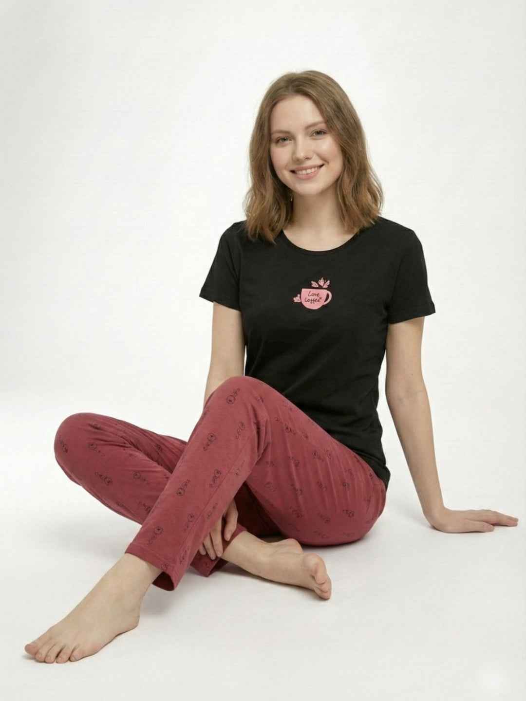 Cotton Night Suit- Black Top with Red Printed Pyjama