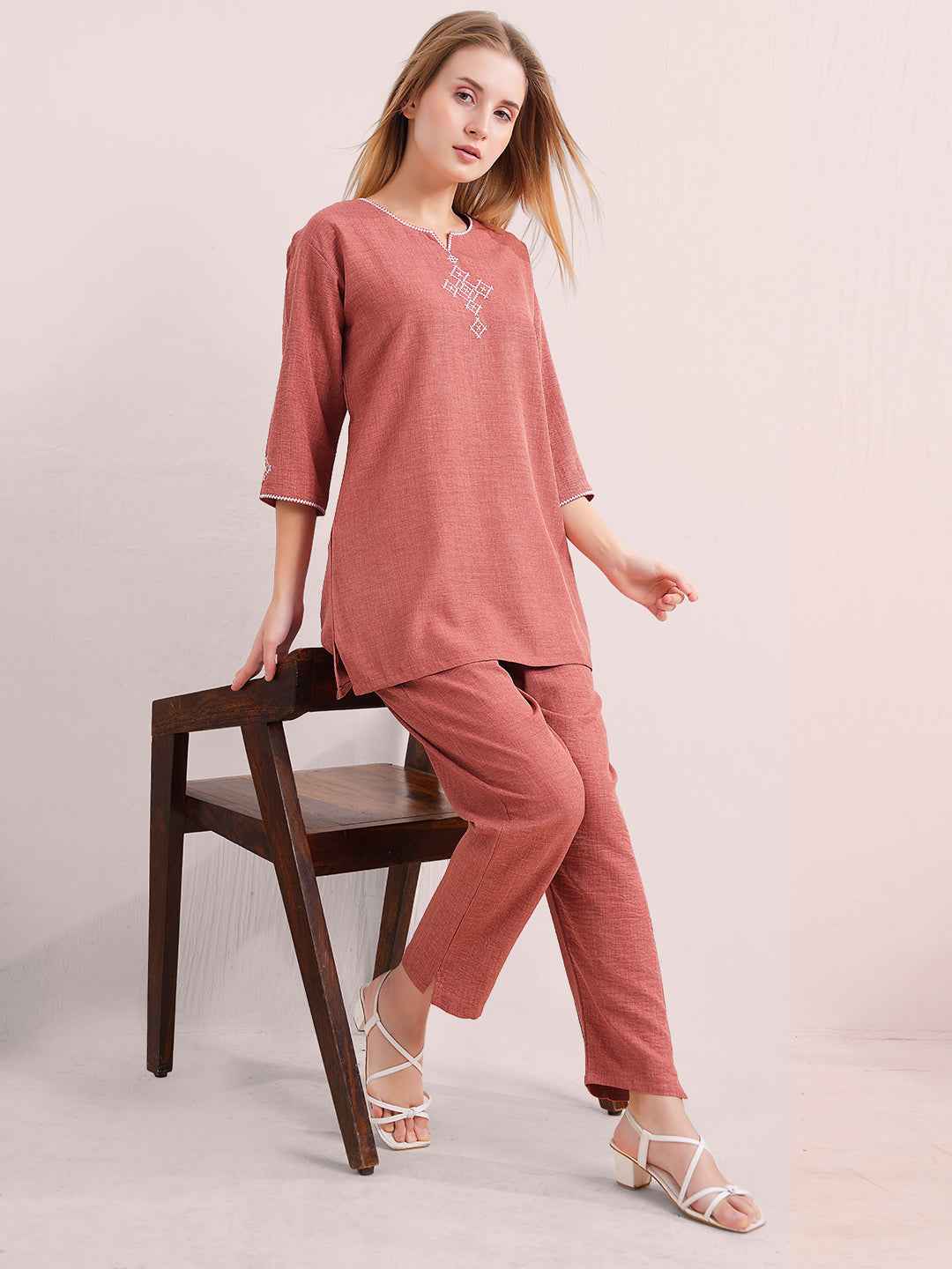 Linen Kurta Set – Rust Brown V-Neck Kurta with Subtle Embroidery & Matching Pants