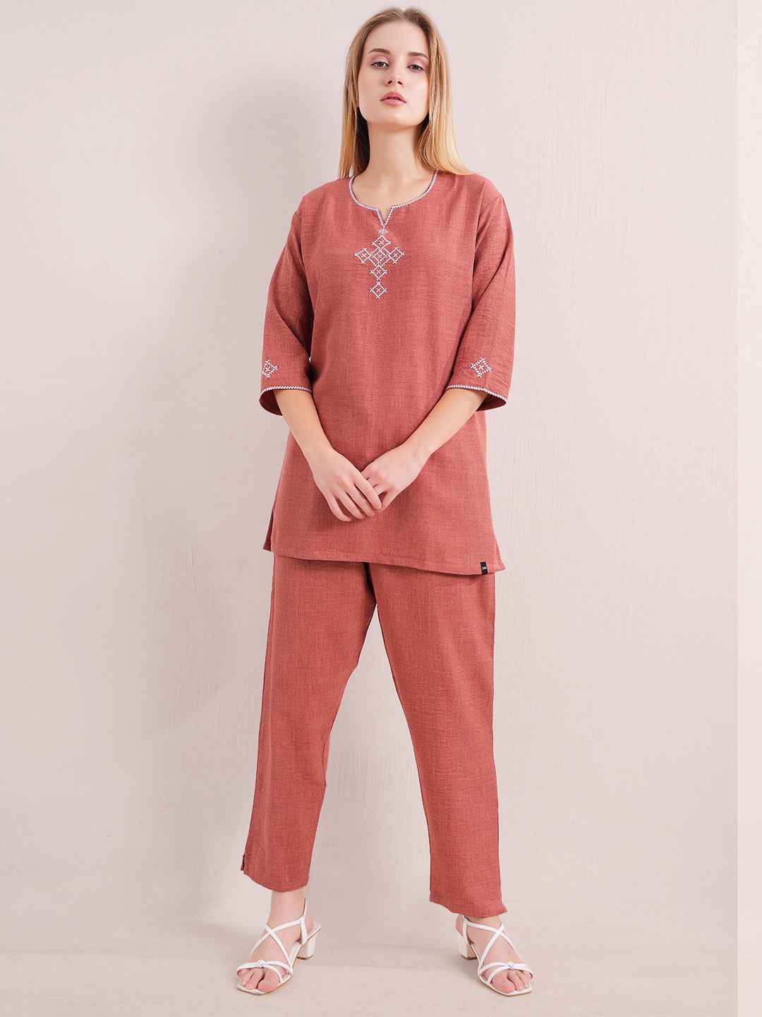 Linen Kurta Set – Rust Brown V-Neck Kurta with Subtle Embroidery & Matching Pants