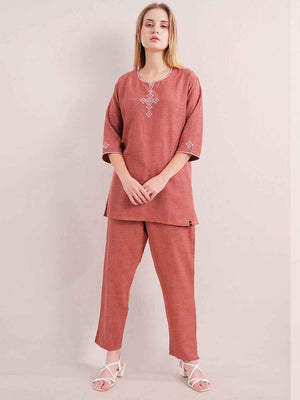 Linen Kurta Set – Rust Brown V-Neck Kurta with Subtle Embroidery & Matching Pants
