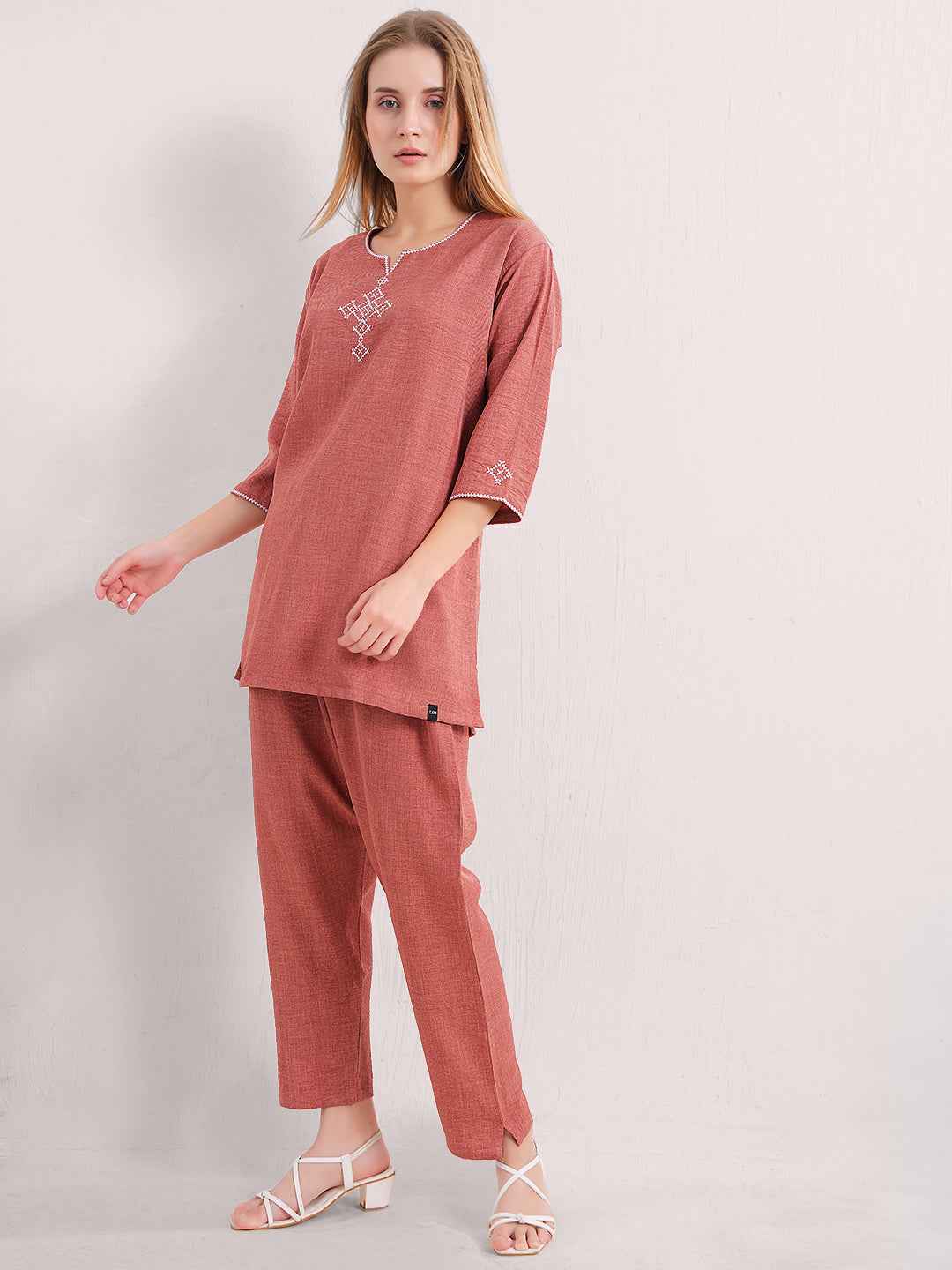 Linen Kurta Set – Rust Brown V-Neck Kurta with Subtle Embroidery & Matching Pants