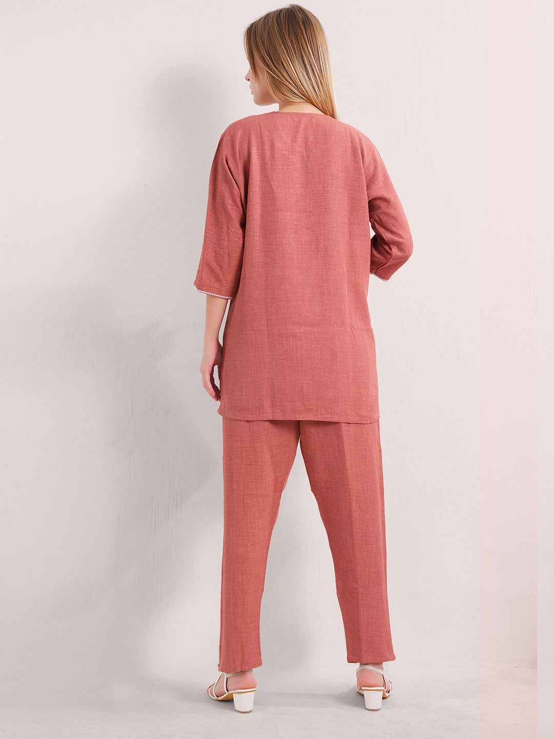 Linen Kurta Set – Rust Brown V-Neck Kurta with Subtle Embroidery & Matching Pants
