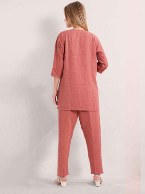Linen Kurta Set – Rust Brown V-Neck Kurta with Subtle Embroidery & Matching Pants