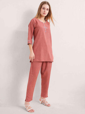 Linen Kurta Set – Rust Brown V-Neck Kurta with Subtle Embroidery & Matching Pants