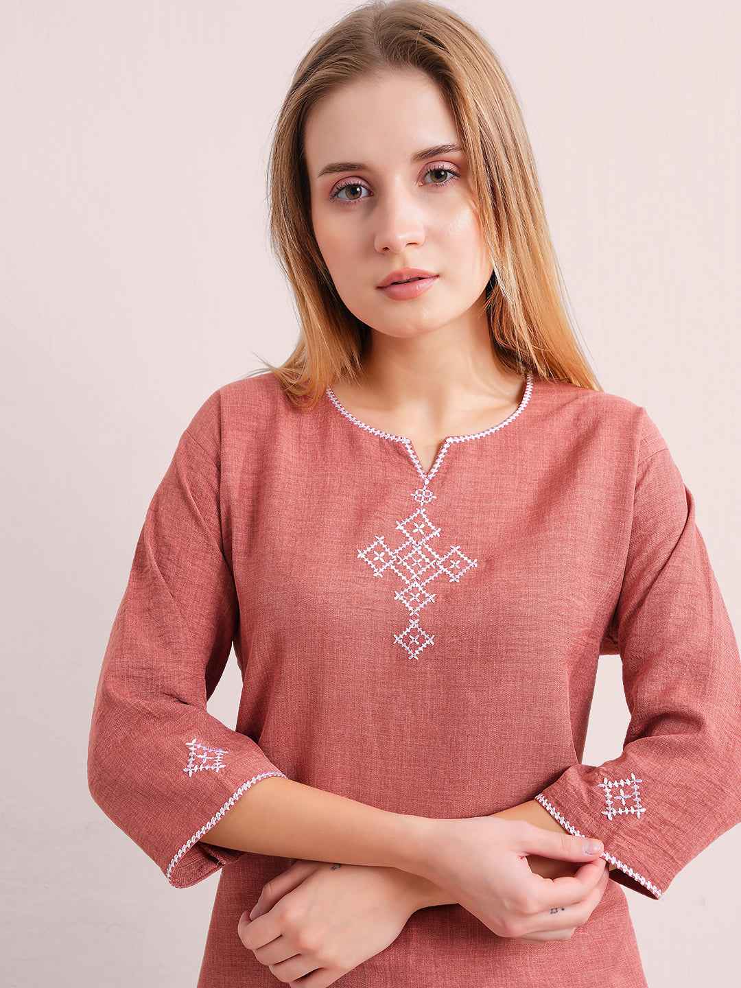 Linen Kurta Set – Rust Brown V-Neck Kurta with Subtle Embroidery & Matching Pants