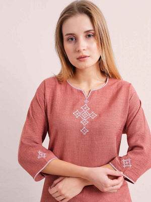 Linen Kurta Set – Rust Brown V-Neck Kurta with Subtle Embroidery & Matching Pants