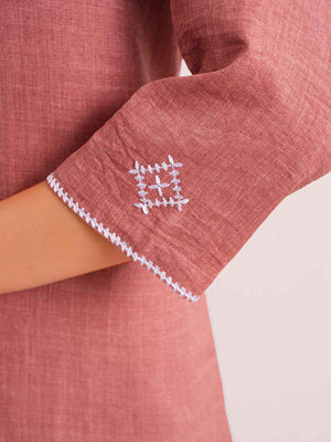 Linen Kurta Set – Rust Brown V-Neck Kurta with Subtle Embroidery & Matching Pants