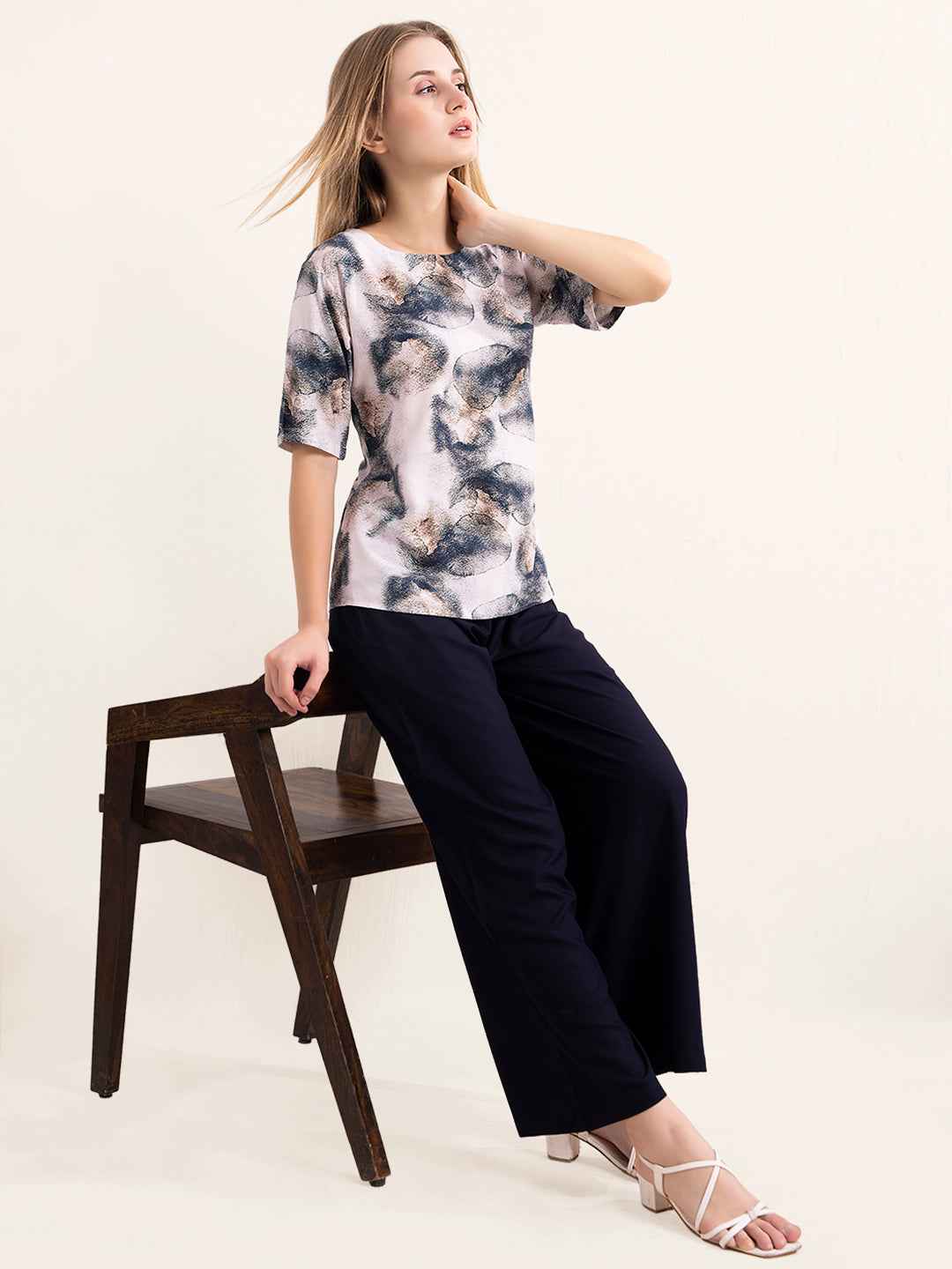Rayon Co-ord Set - Printed top and solid navy blue wide-leg pants.