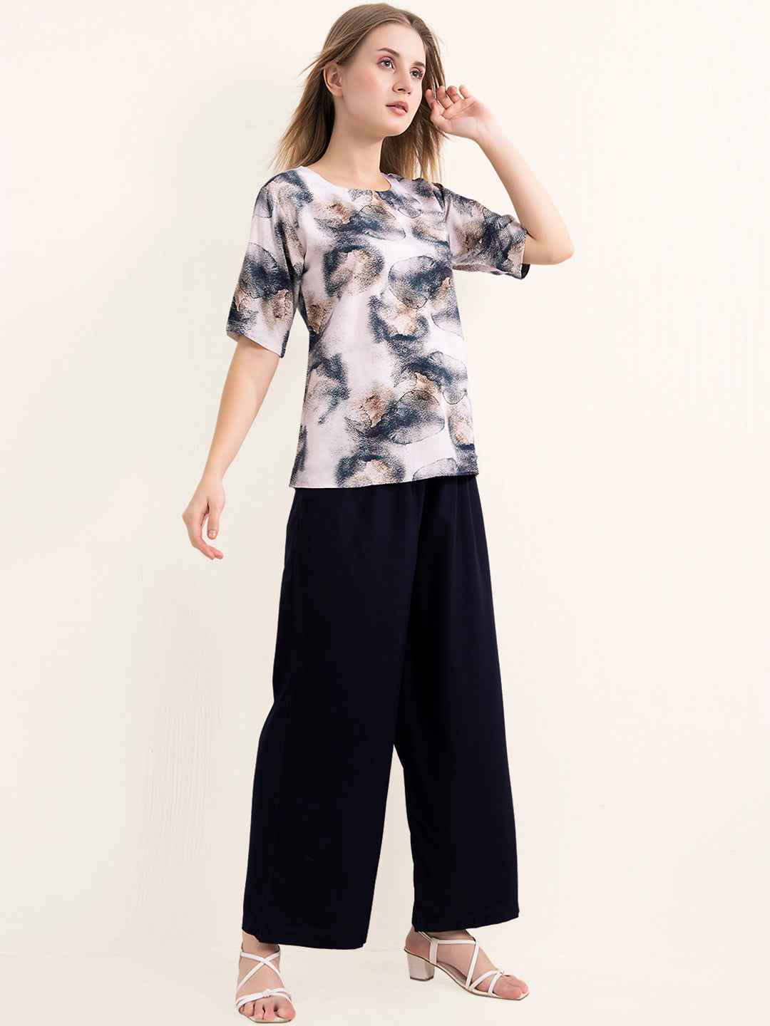 Rayon Co-ord Set - Printed top and solid navy blue wide-leg pants.