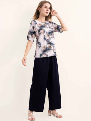 Rayon Co-ord Set - Printed top and solid navy blue wide-leg pants.