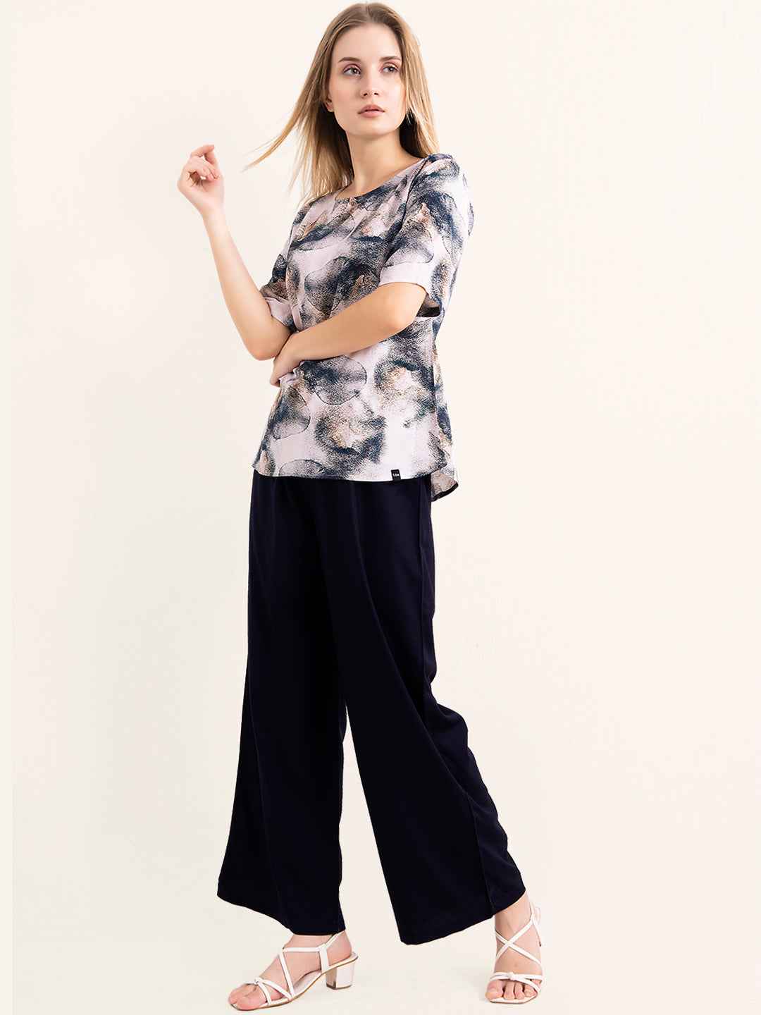 Rayon Co-ord Set - Printed top and solid navy blue wide-leg pants.