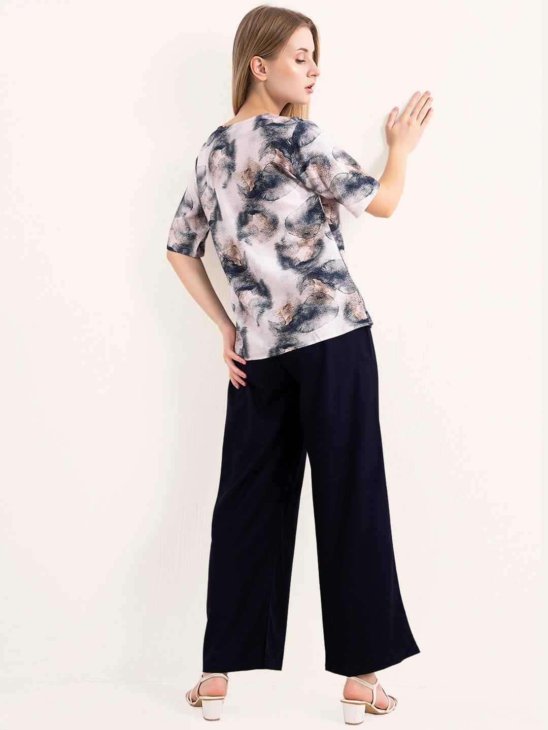 Rayon Co-ord Set - Printed top and solid navy blue wide-leg pants.