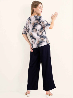 Rayon Co-ord Set - Printed top and solid navy blue wide-leg pants.