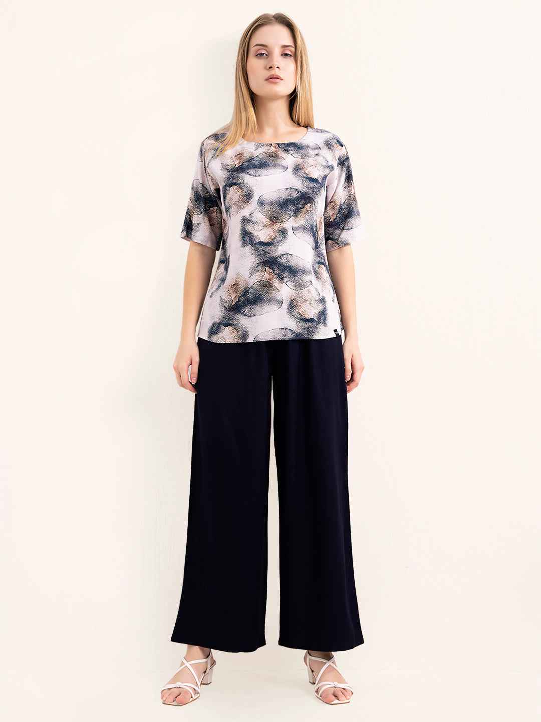 Rayon Co-ord Set - Printed top and solid navy blue wide-leg pants.