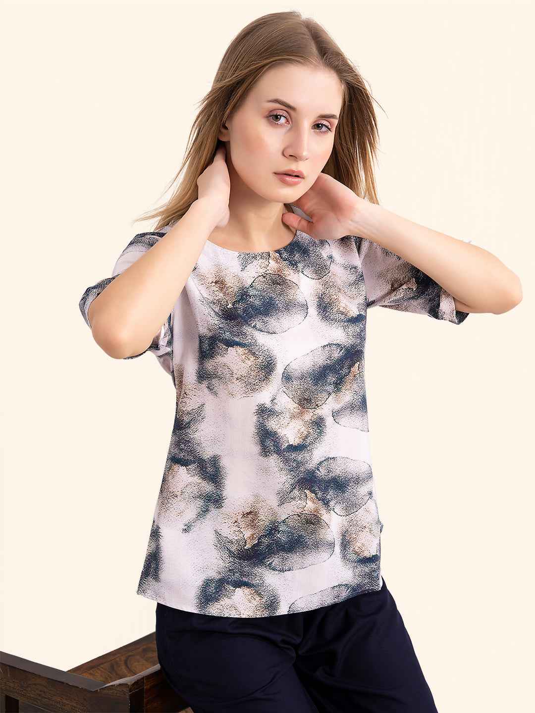 Rayon Co-ord Set - Printed top and solid navy blue wide-leg pants.