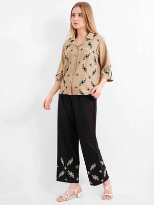 Linen Co-ord Set – Brown Collared Top with Black Embroidery & Black Wide-Leg Pants