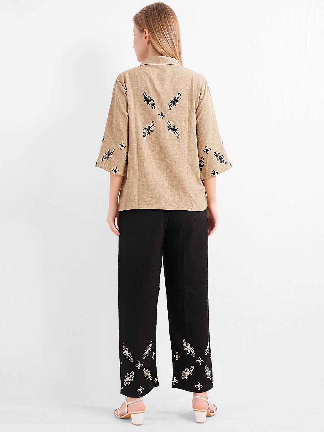 Linen Co-ord Set – Brown Collared Top with Black Embroidery & Black Wide-Leg Pants