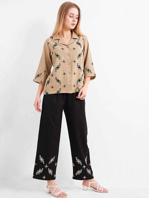 Linen Co-ord Set – Brown Collared Top with Black Embroidery & Black Wide-Leg Pants