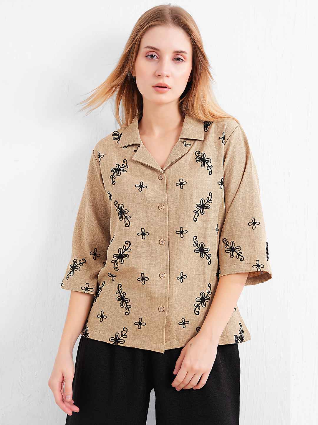 Linen Co-ord Set – Brown Collared Top with Black Embroidery & Black Wide-Leg Pants