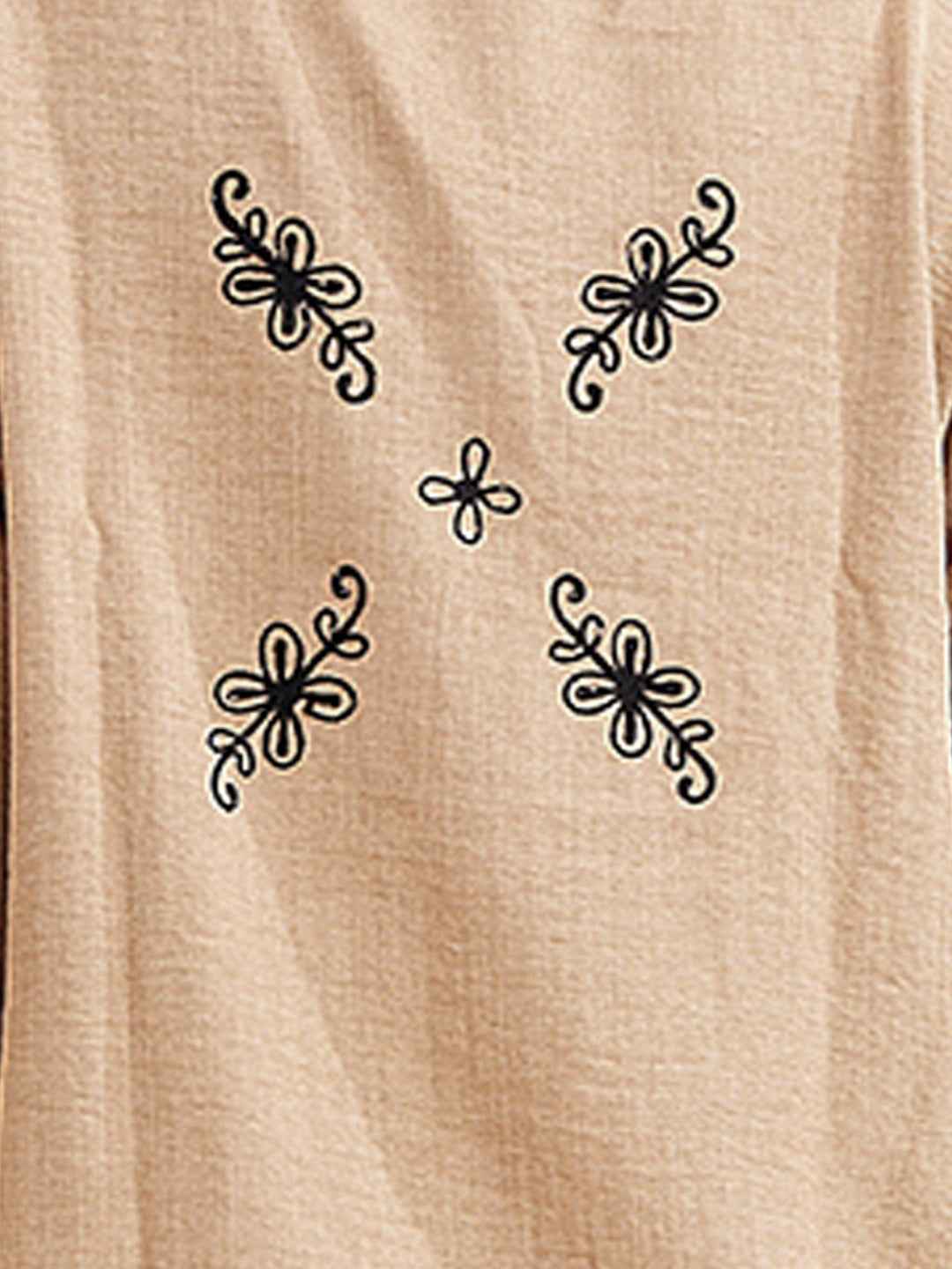 Linen Co-ord Set – Brown Collared Top with Black Embroidery & Black Wide-Leg Pants