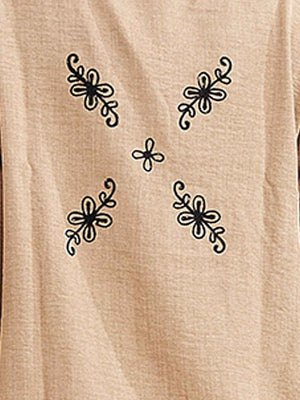 Linen Co-ord Set – Brown Collared Top with Black Embroidery & Black Wide-Leg Pants