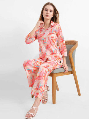 Linen Co-ord Set – Multicolor Abstract Print Shirt & Straight Pants