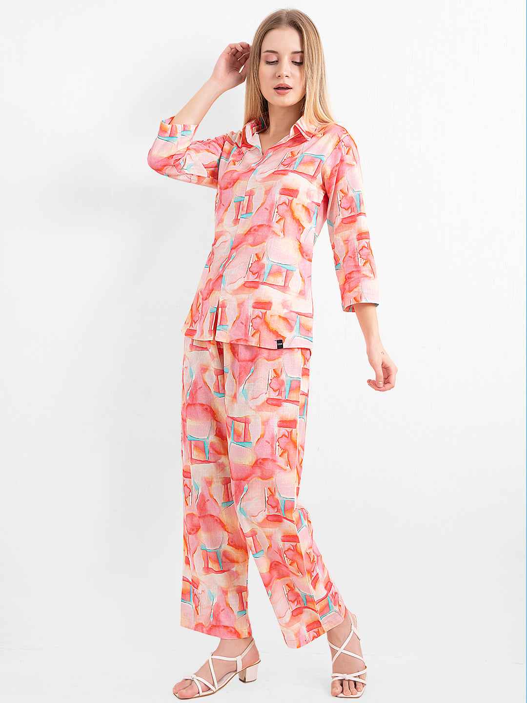 Linen Co-ord Set – Multicolor Abstract Print Shirt & Straight Pants