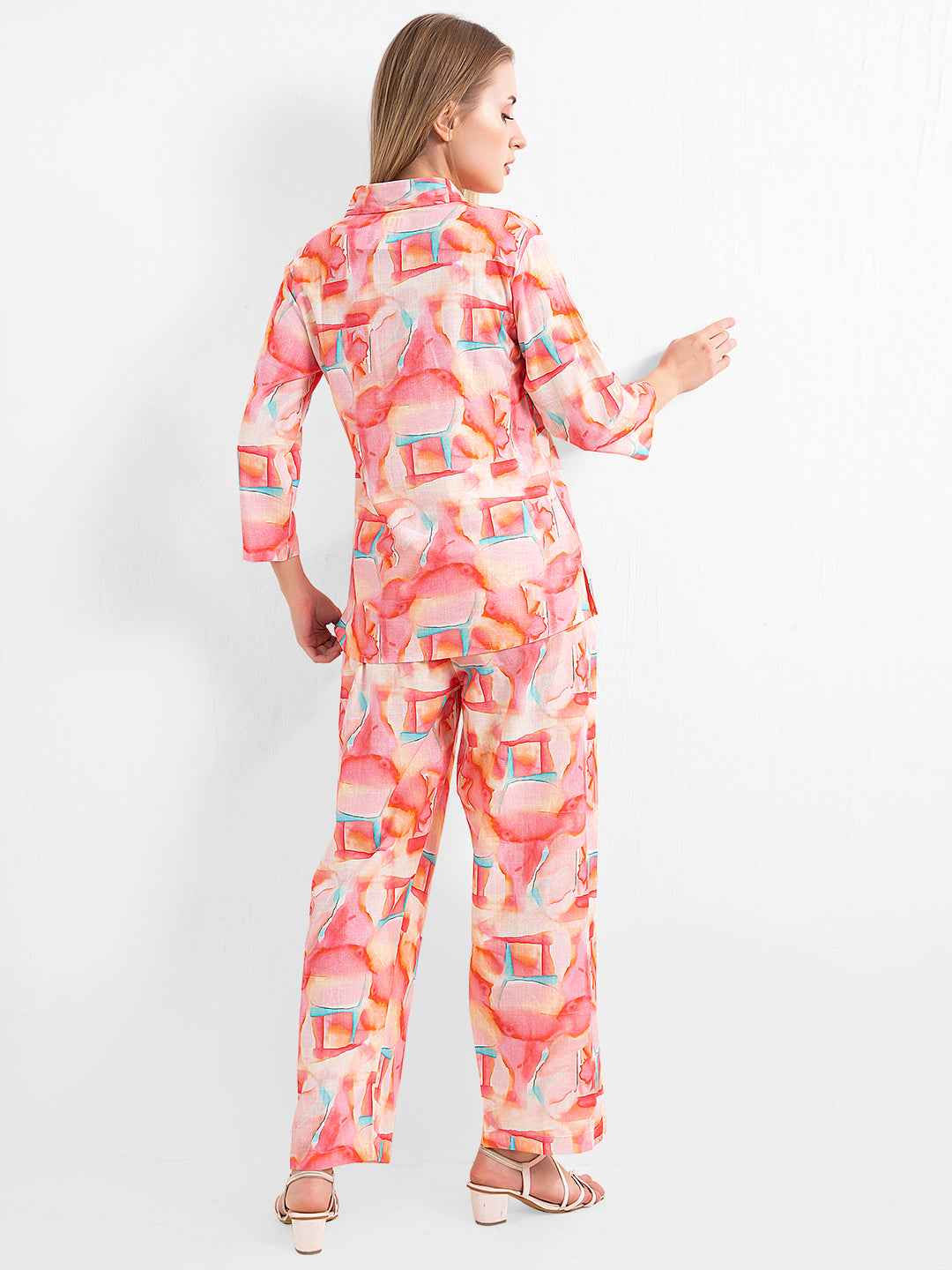 Linen Co-ord Set – Multicolor Abstract Print Shirt & Straight Pants