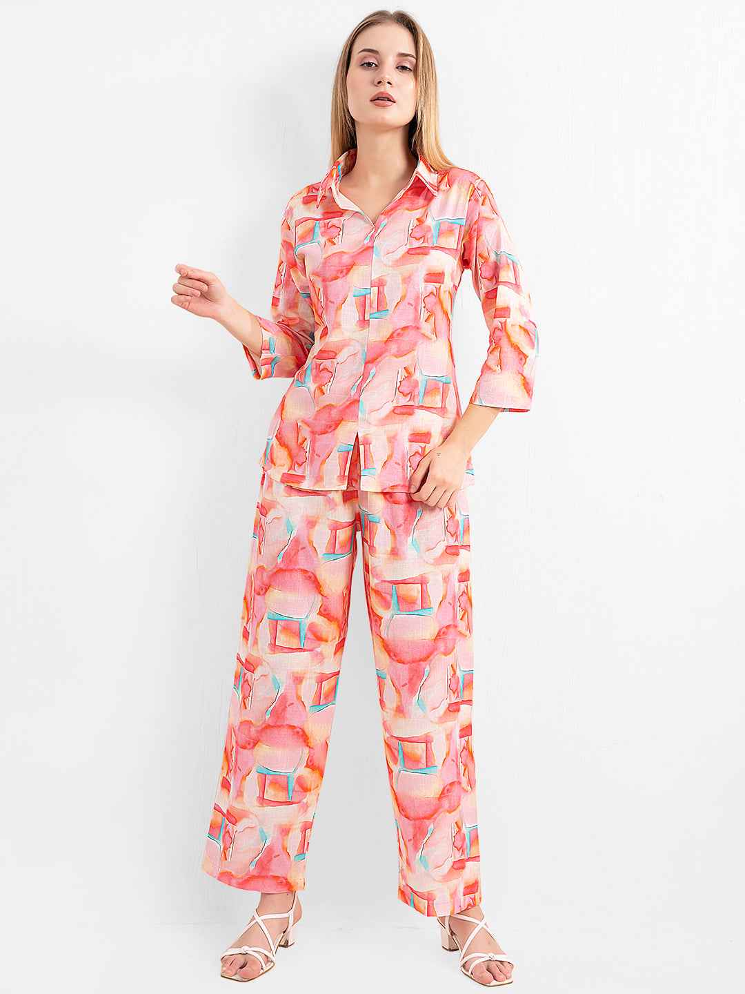 Linen Co-ord Set – Multicolor Abstract Print Shirt & Straight Pants