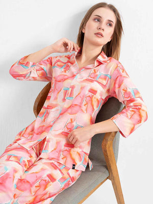 Linen Co-ord Set – Multicolor Abstract Print Shirt & Straight Pants
