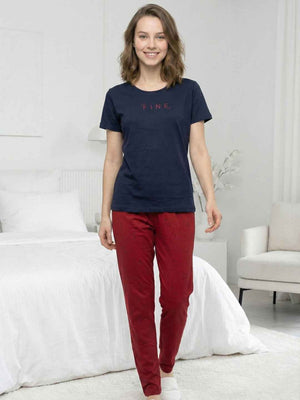 Cotton Night Suit- Navy Blue Top with Red Printed Pyjama