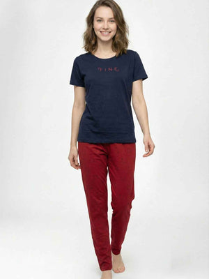 Cotton Night Suit- Navy Blue Top with Red Printed Pyjama