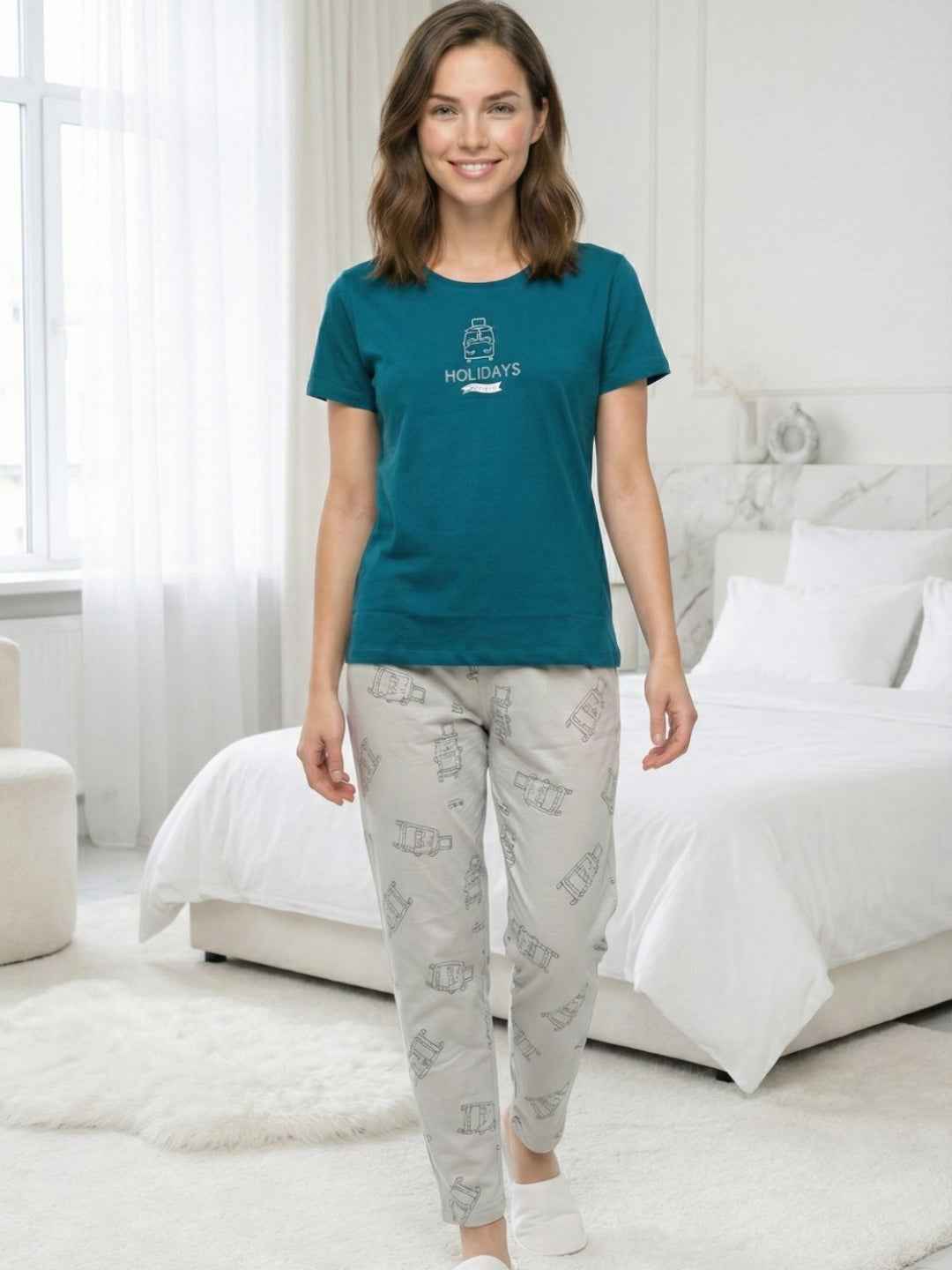 Cotton Night Suit- Teal Top with Grey Printed Pyjama