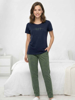Cotton Night Suit- Navy Blue Top with Olive Printed Pyjama